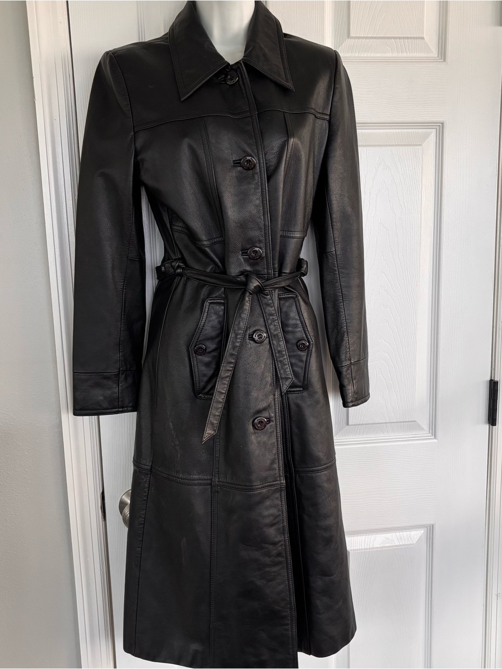 Wilson Black Leather Trench Coat with Tie Belt